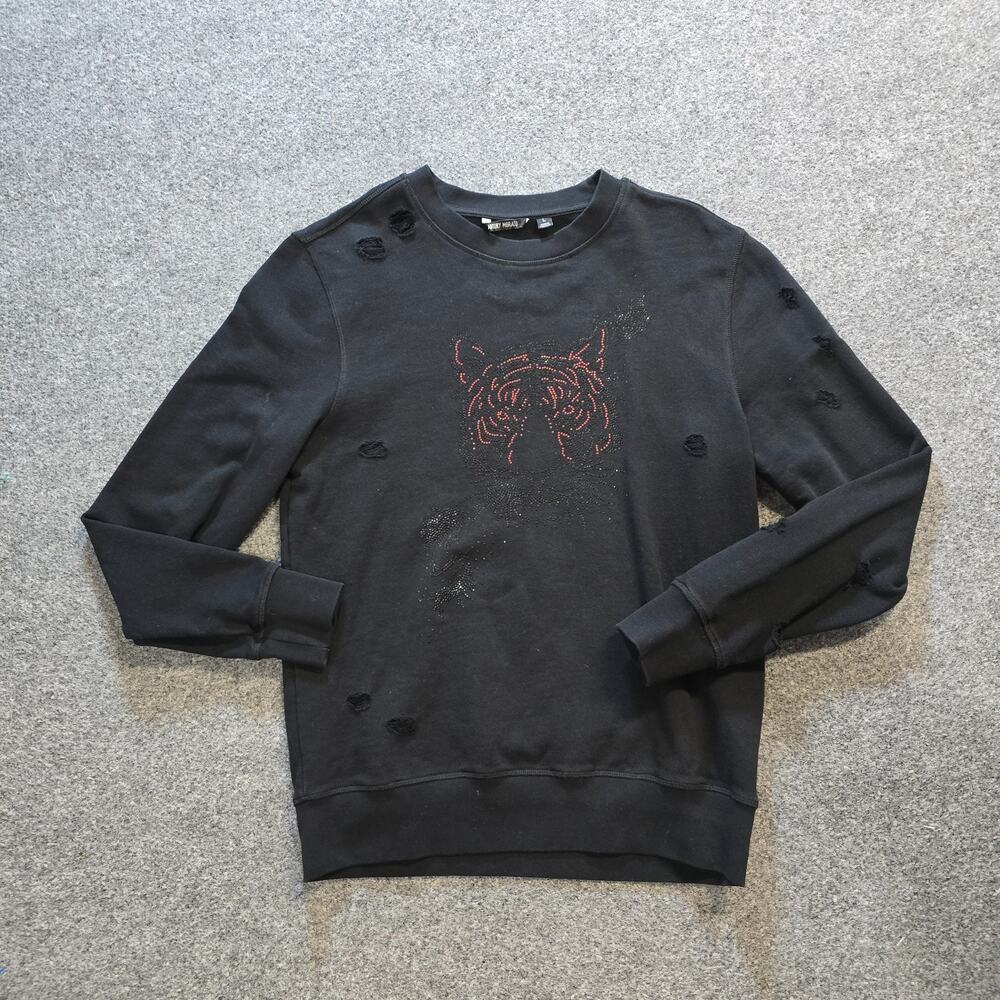 Antony Morato Sweatshirt Womens Size Large Black Tiger Rhinestone Distressed Y2K